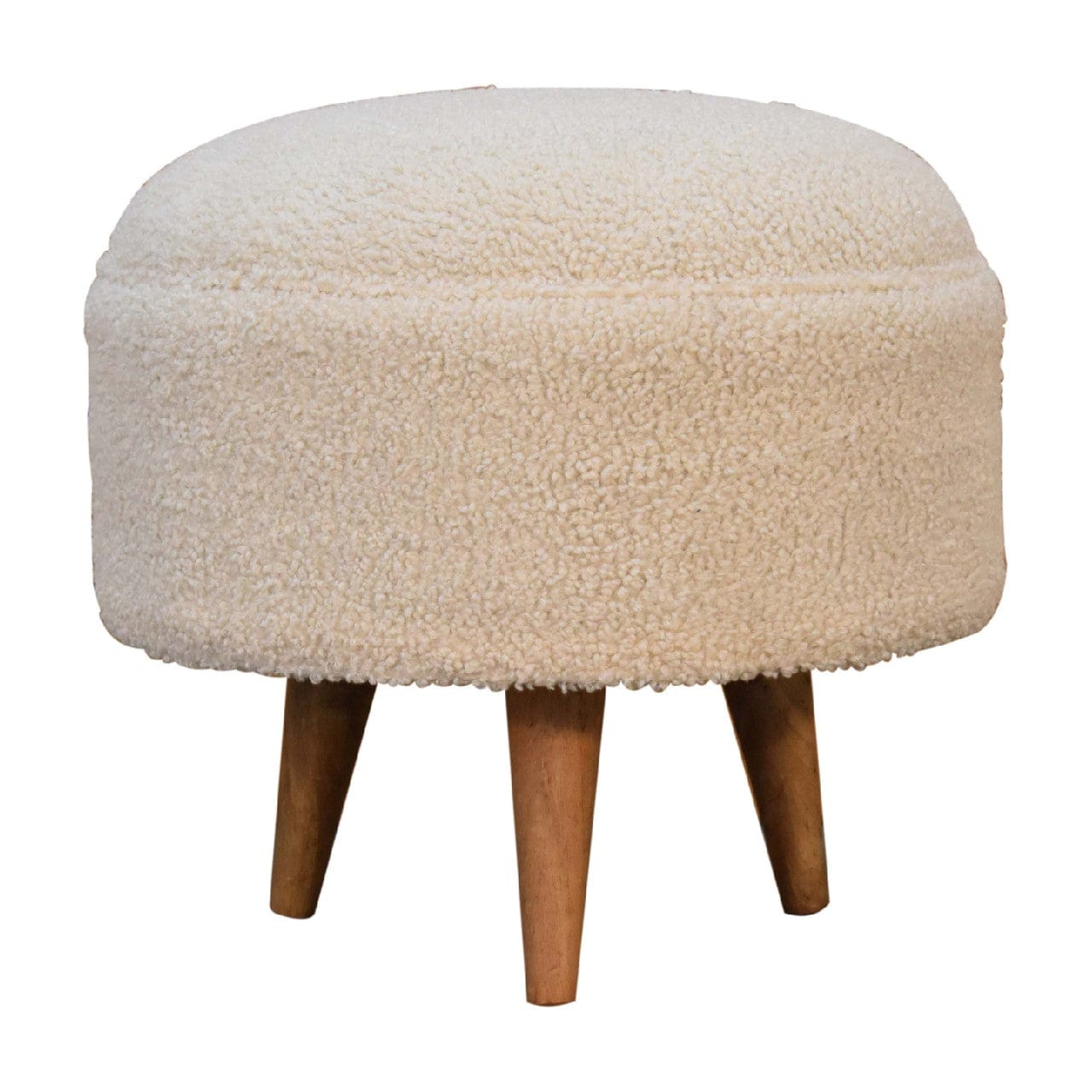 Handcrafted Cream Boucle Rounded Footstool - Solid Mango Wood Accent Stool for Living Room - main view showing...