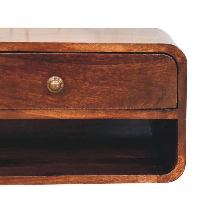 Handcrafted Curved California Walnut Floating Nightstand - Solid Mango Wood Bedside Table for Bedroom - product view 4...