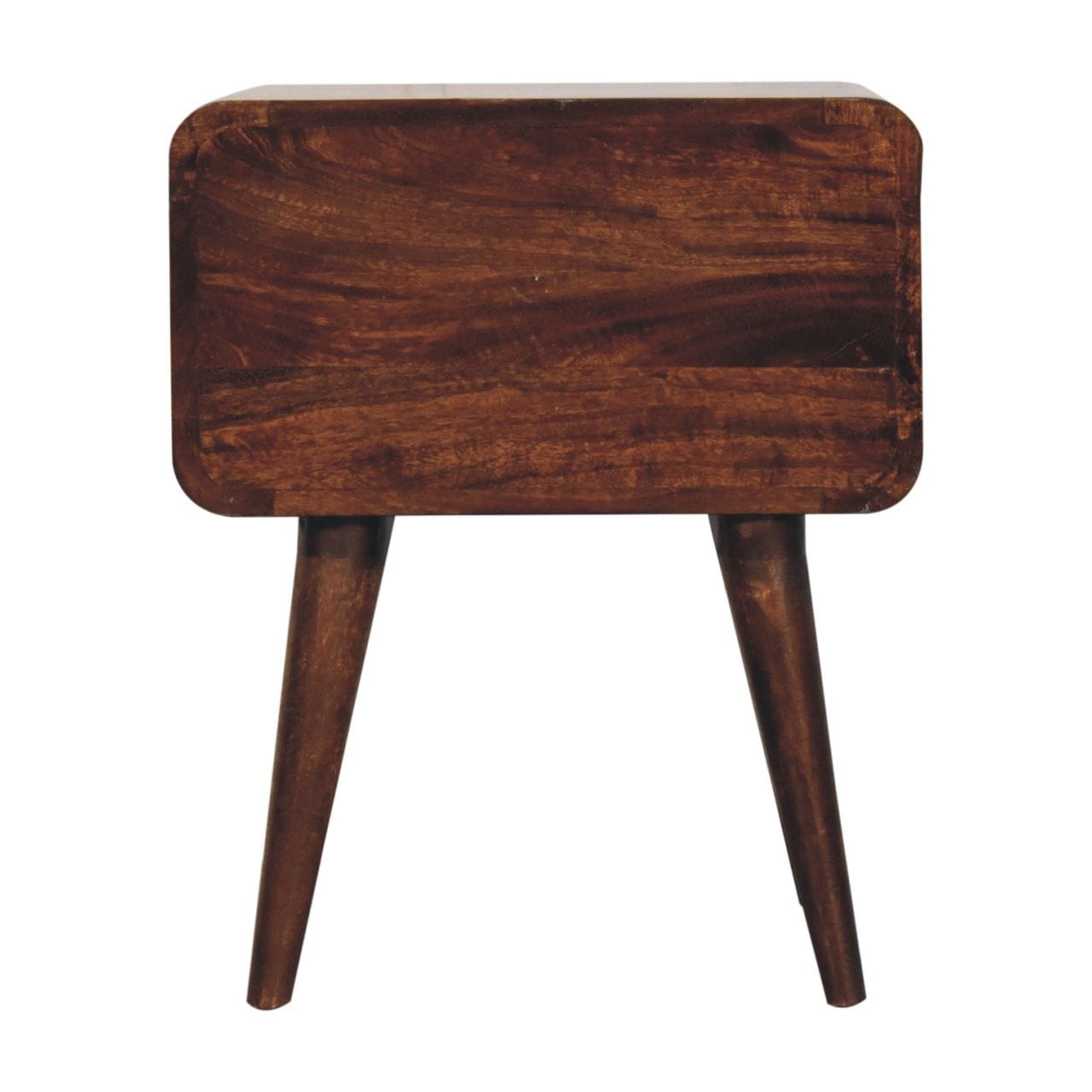 Handcrafted Curved California Walnut Nightstand - Solid Mango Wood Bedside Table for Bedroom - product view 9 showing...