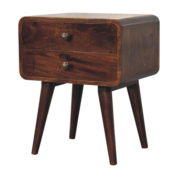 Handcrafted Curved California Walnut Nightstand - Solid Mango Wood Bedside Table for Bedroom - product view 8 showing...