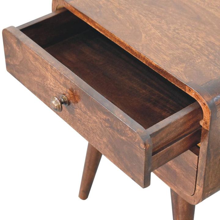 Handcrafted Curved California Walnut Nightstand - Solid Mango Wood Bedside Table for Bedroom - product view 6 showing...