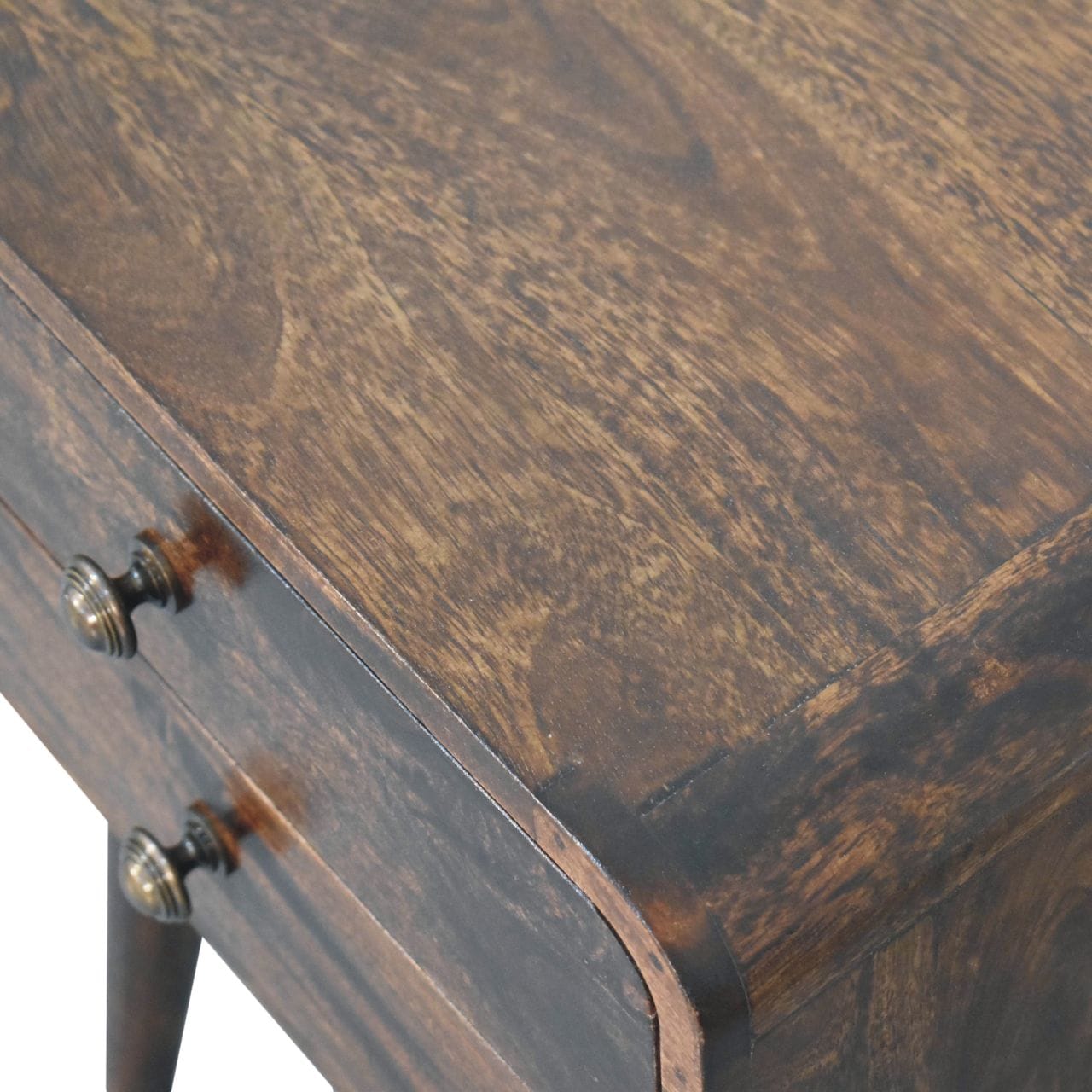 Handcrafted Curved California Walnut Nightstand - Solid Mango Wood Bedside Table for Bedroom - product view 5 showing...