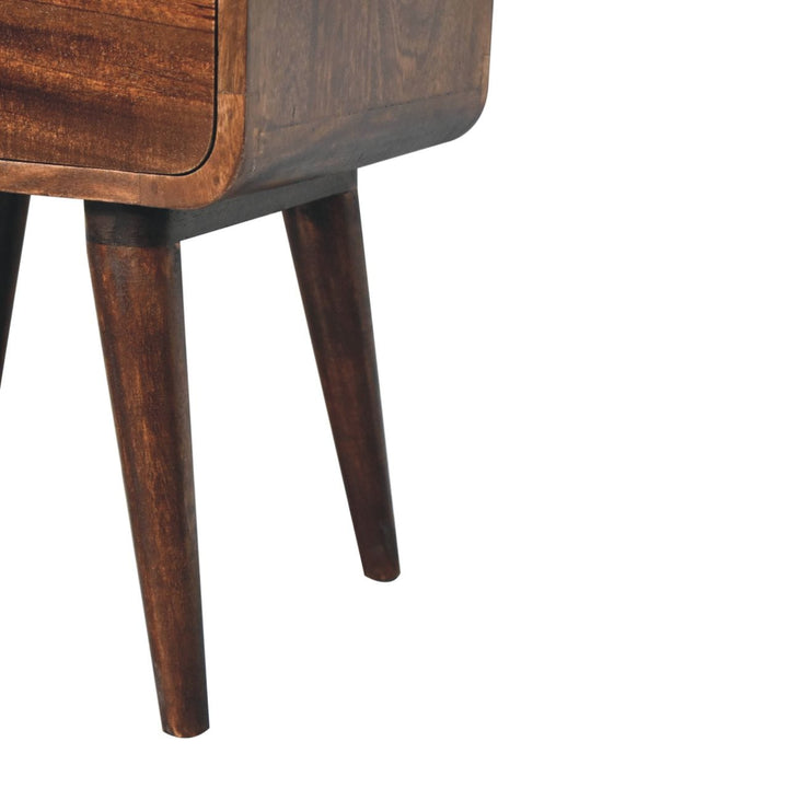 Handcrafted Curved California Walnut Nightstand - Solid Mango Wood Bedside Table for Bedroom - product view 4 showing...