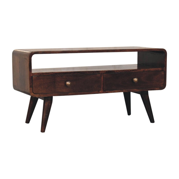 Handcrafted Curved California Walnut TV Stand - Solid Mango Wood Entertainment Center for Living Room - product view 4...