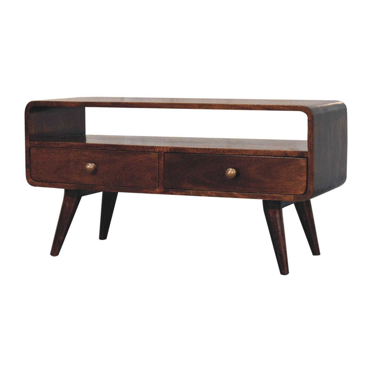 Handcrafted Curved California Walnut TV Stand - Solid Mango Wood Entertainment Center for Living Room - product view 3...