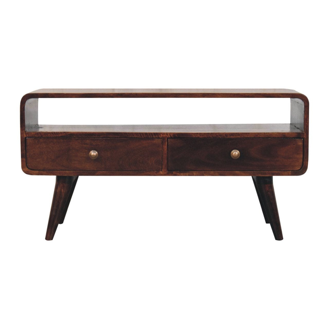 Handcrafted Curved California Walnut TV Stand - Solid Mango Wood Entertainment Center for Living Room - product view 2...