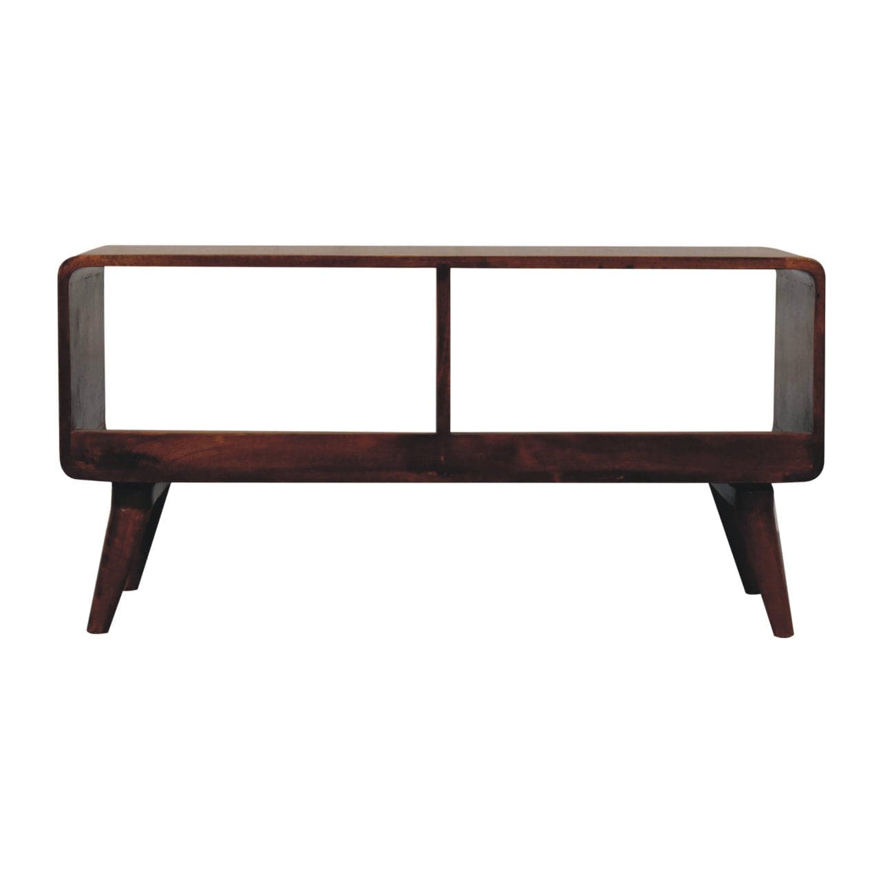 Handcrafted Curved Chestnut Double Slot TV Stand - Solid Mango Wood Entertainment Center for Living Room - product view 8...