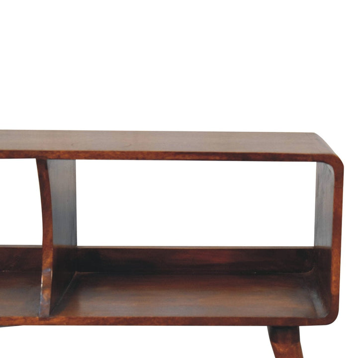 Handcrafted Curved Chestnut Double Slot TV Stand - Solid Mango Wood Entertainment Center for Living Room - product view 4...