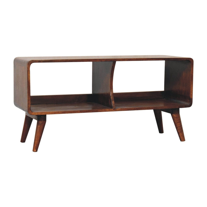 Handcrafted Curved Chestnut Double Slot TV Stand - Solid Mango Wood Entertainment Center for Living Room - product view 3...