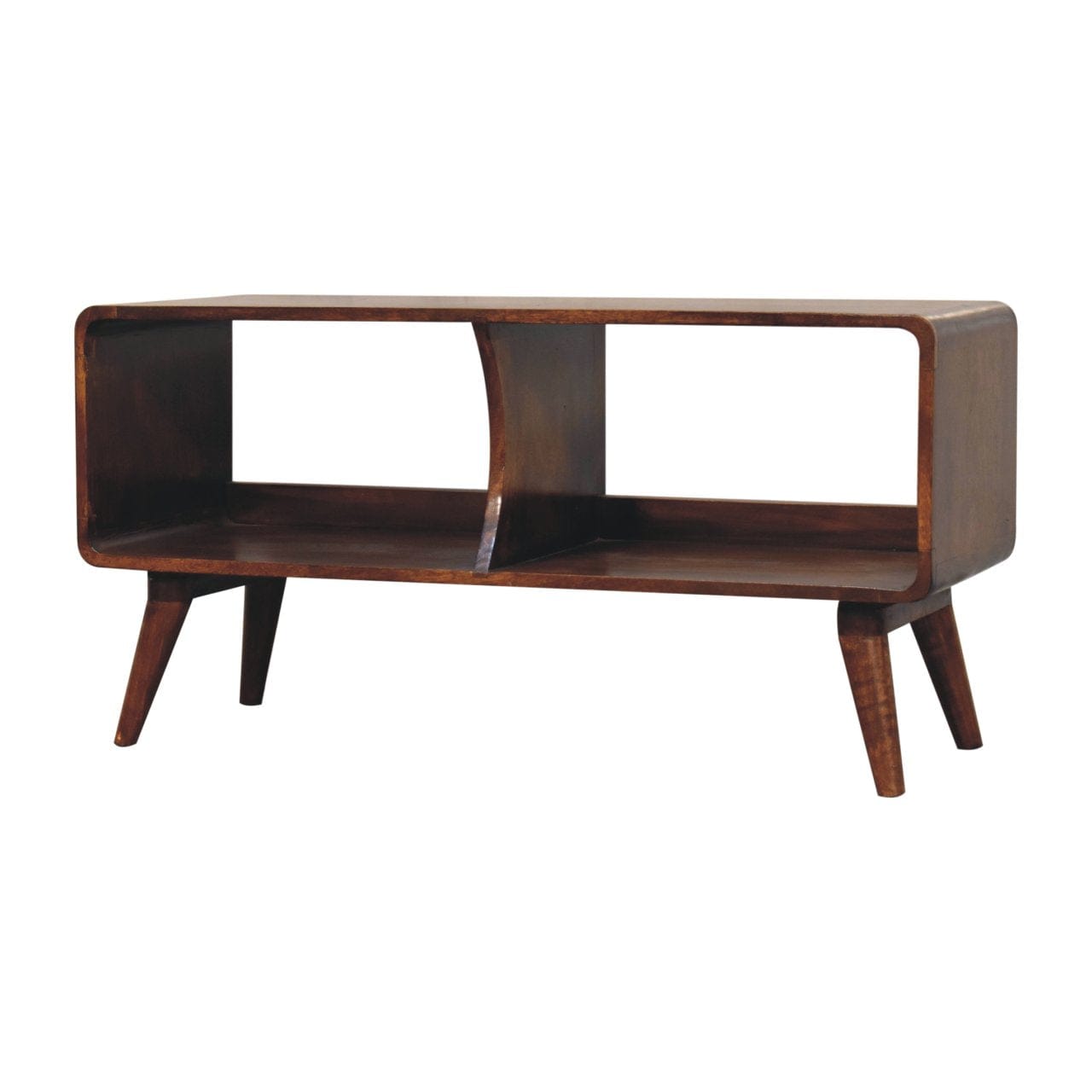 Handcrafted Curved Chestnut Double Slot TV Stand - Solid Mango Wood Entertainment Center for Living Room - product view 2...