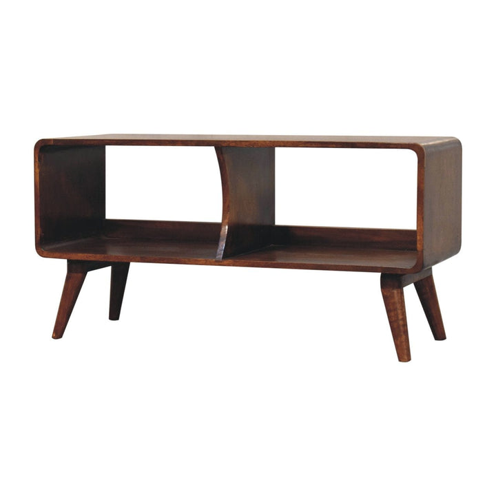 Handcrafted Curved Chestnut Double Slot TV Stand - Solid Mango Wood Entertainment Center for Living Room - product view 2...