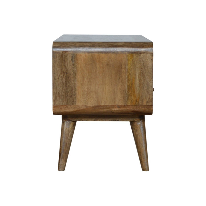 Handcrafted Curved Grey Washed TV Stand - Solid Mango Wood Entertainment Center for Living Room - product view 8 showing...