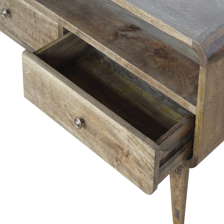 Handcrafted Curved Grey Washed TV Stand - Solid Mango Wood Entertainment Center for Living Room - product view 6 showing...