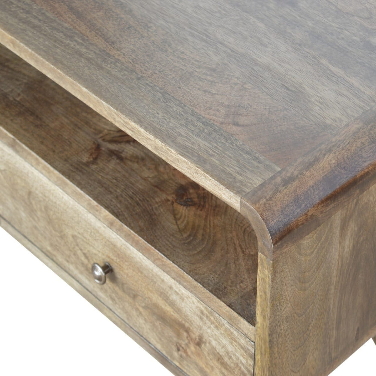 Handcrafted Curved Grey Washed TV Stand - Solid Mango Wood Entertainment Center for Living Room - product view 5 showing...