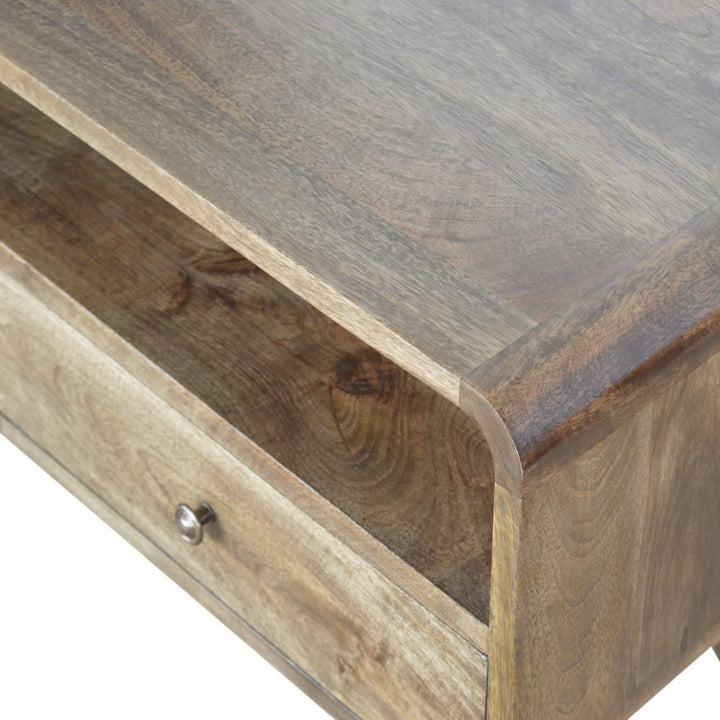 Handcrafted Curved Grey Washed TV Stand - Solid Mango Wood Entertainment Center for Living Room - product view 5 showing...
