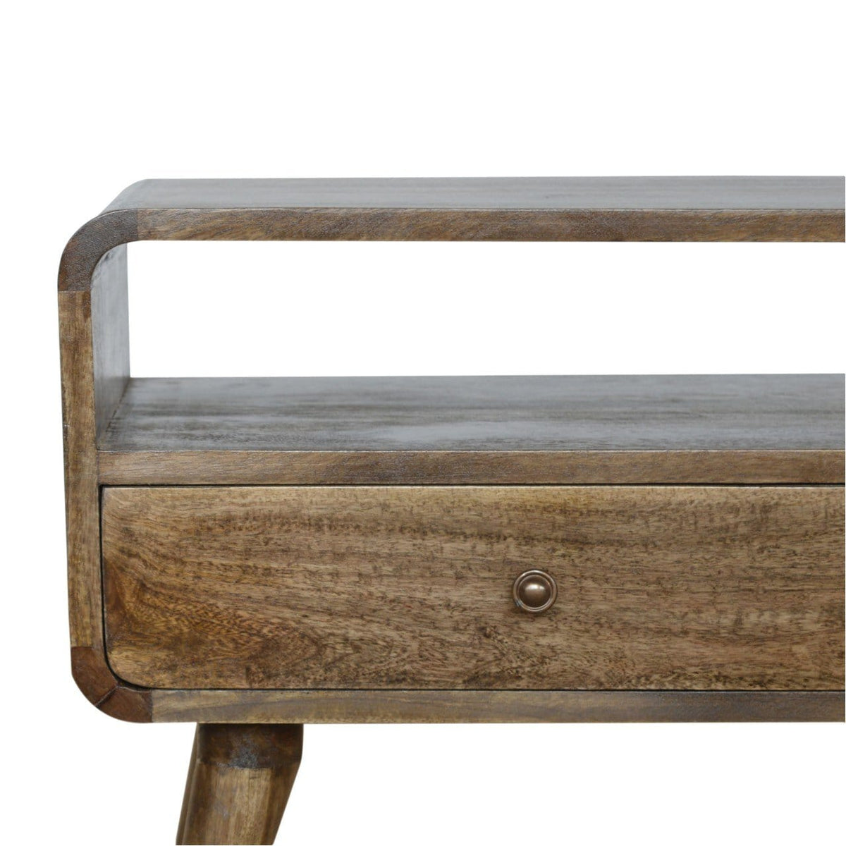 Handcrafted Curved Grey Washed TV Stand - Solid Mango Wood Entertainment Center for Living Room - product view 4 showing...