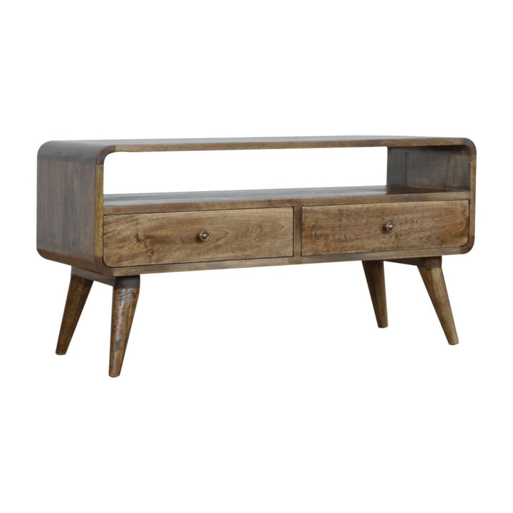 Handcrafted Curved Grey Washed TV Stand - Solid Mango Wood Entertainment Center for Living Room - product view 3 showing...