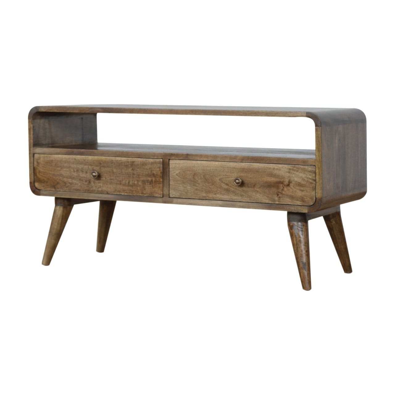 Handcrafted Curved Grey Washed TV Stand - Solid Mango Wood Entertainment Center for Living Room - product view 2 showing...