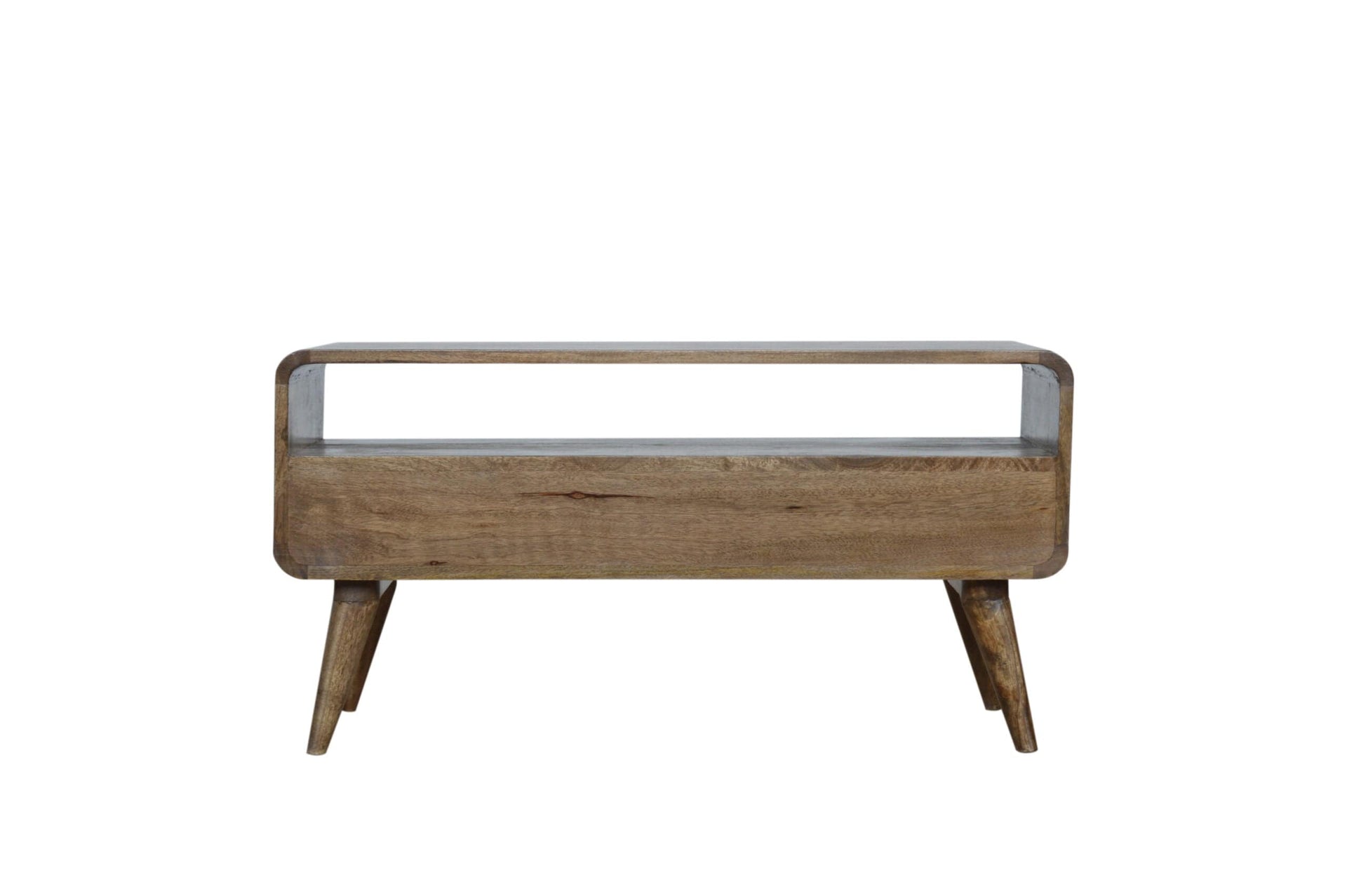 Handcrafted Curved Grey Washed TV Stand - Solid Mango Wood Entertainment Center for Living Room - main view showing...