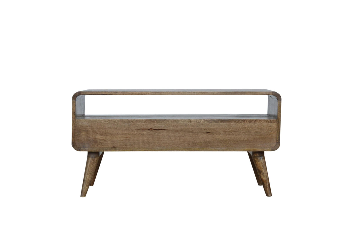 Handcrafted Curved Grey Washed TV Stand - Solid Mango Wood Entertainment Center for Living Room - main view showing...