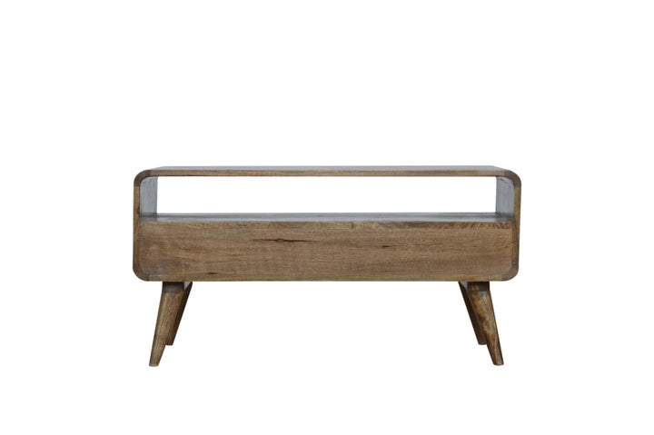 Handcrafted Curved Grey Washed TV Stand - Solid Mango Wood Entertainment Center for Living Room - main view showing...