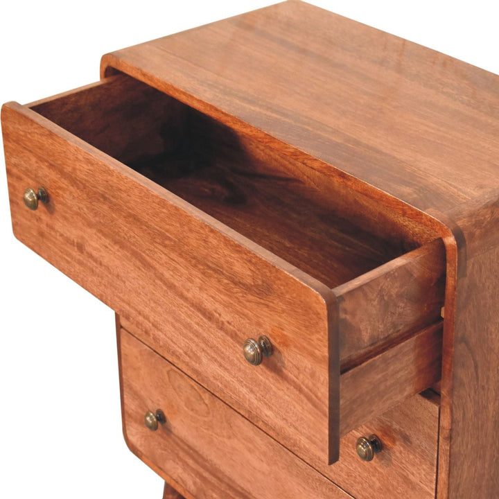 Handcrafted Curved Honey Caramel Dresser - Solid Mango Wood Storage Chest for Bedroom - product view 6 showing...