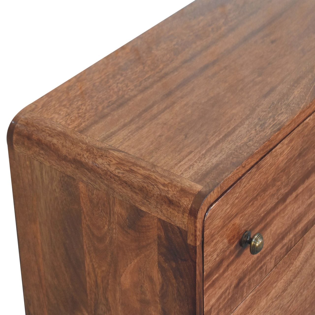 Handcrafted Curved Honey Caramel Dresser - Solid Mango Wood Storage Chest for Bedroom - product view 5 showing...