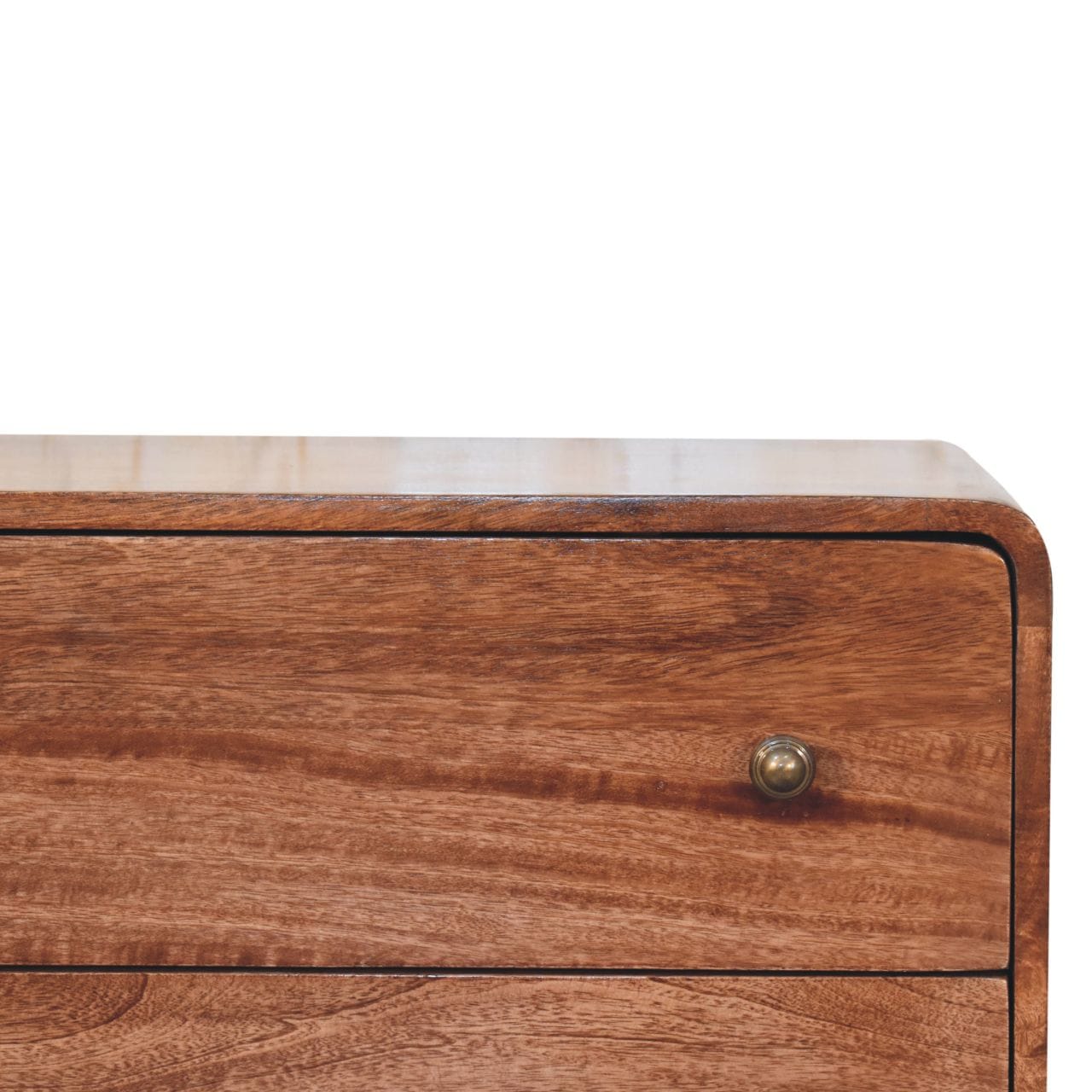 Handcrafted Curved Honey Caramel Dresser - Solid Mango Wood Storage Chest for Bedroom - product view 4 showing...
