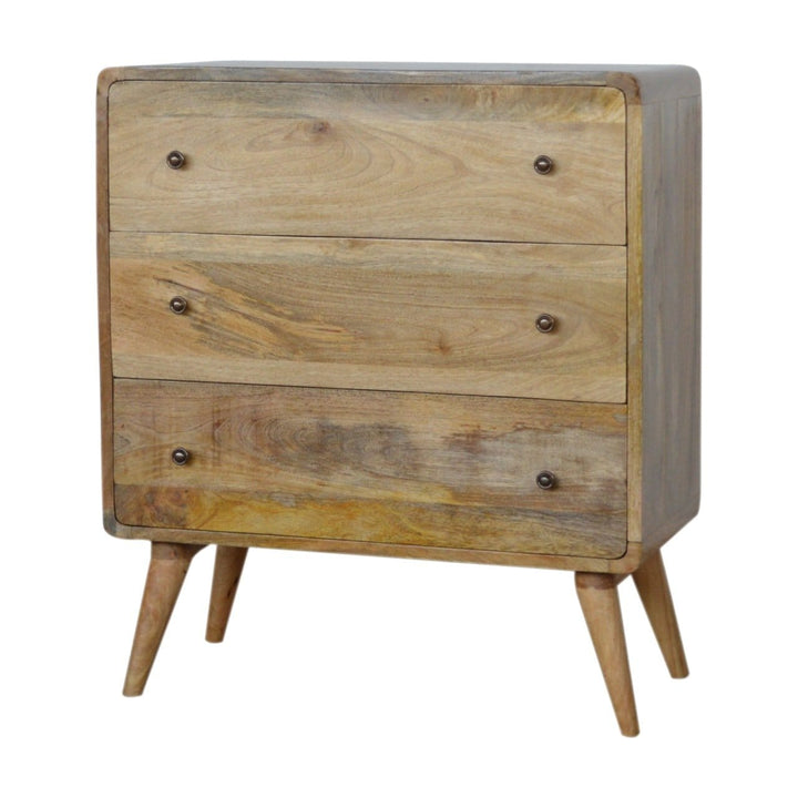 Handcrafted Curved Oak-ish Dresser - Solid Mango Wood Storage Chest for Bedroom - product view 2 showing handcrafted...
