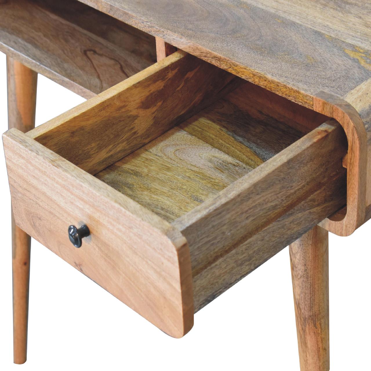 Handcrafted Curved Oak-ish Writing Desk - Solid Mango Wood Writing Table for Home Office - product view 6 showing...