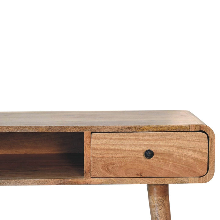 Handcrafted Curved Oak-ish Writing Desk - Solid Mango Wood Writing Table for Home Office - product view 4 showing...