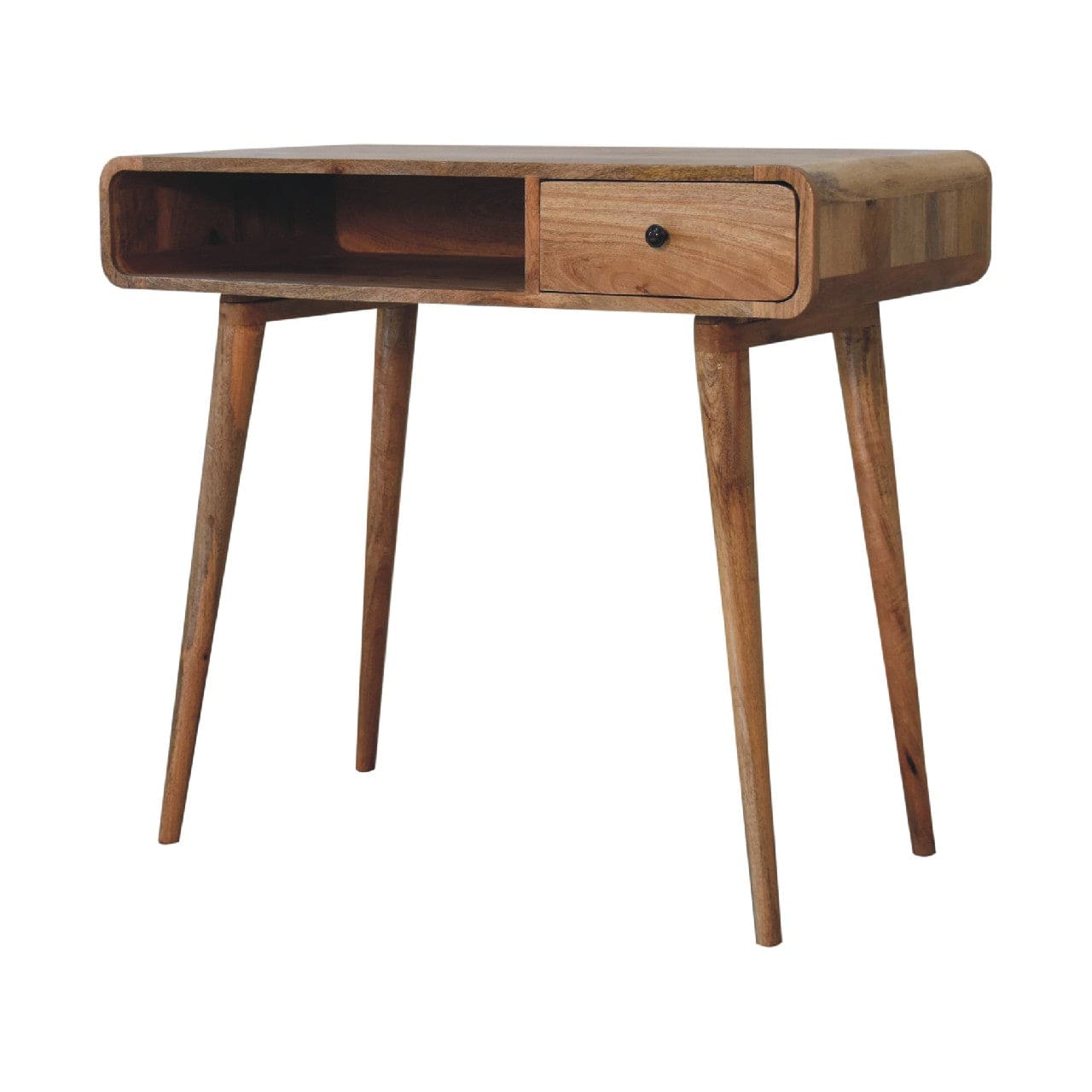 Handcrafted Curved Oak-ish Writing Desk - Solid Mango Wood Writing Table for Home Office - product view 3 showing...