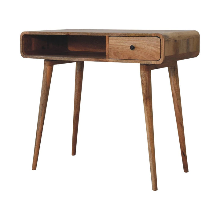 Handcrafted Curved Oak-ish Writing Desk - Solid Mango Wood Writing Table for Home Office - product view 3 showing...