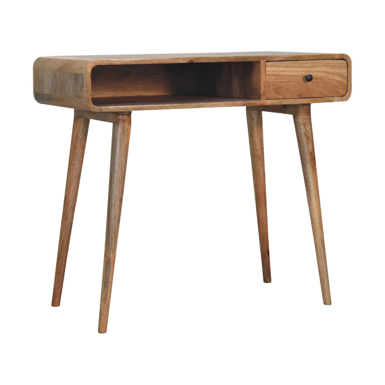 Handcrafted Curved Oak-ish Writing Desk - Solid Mango Wood Writing Table for Home Office - product view 2 showing...