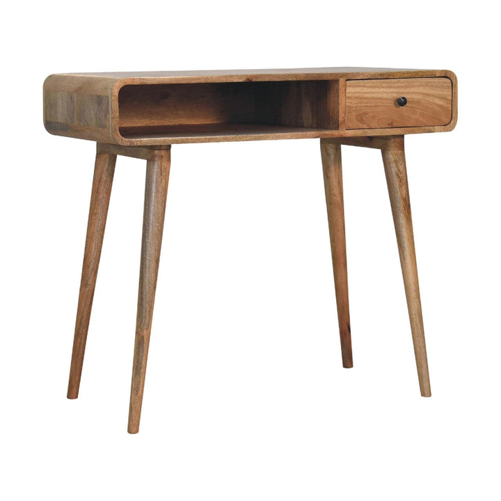 Handcrafted Curved Oak-ish Writing Desk - Solid Mango Wood Writing Table for Home Office - product view 2 showing...
