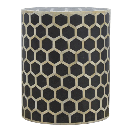 Handcrafted Cylindrical Bone Inlay Footstool - Solid Mango Wood Accent Stool for Living Room - product view 6 showing...