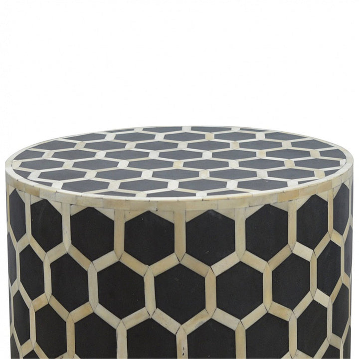 Handcrafted Cylindrical Bone Inlay Footstool - Solid Mango Wood Accent Stool for Living Room - product view 5 showing...