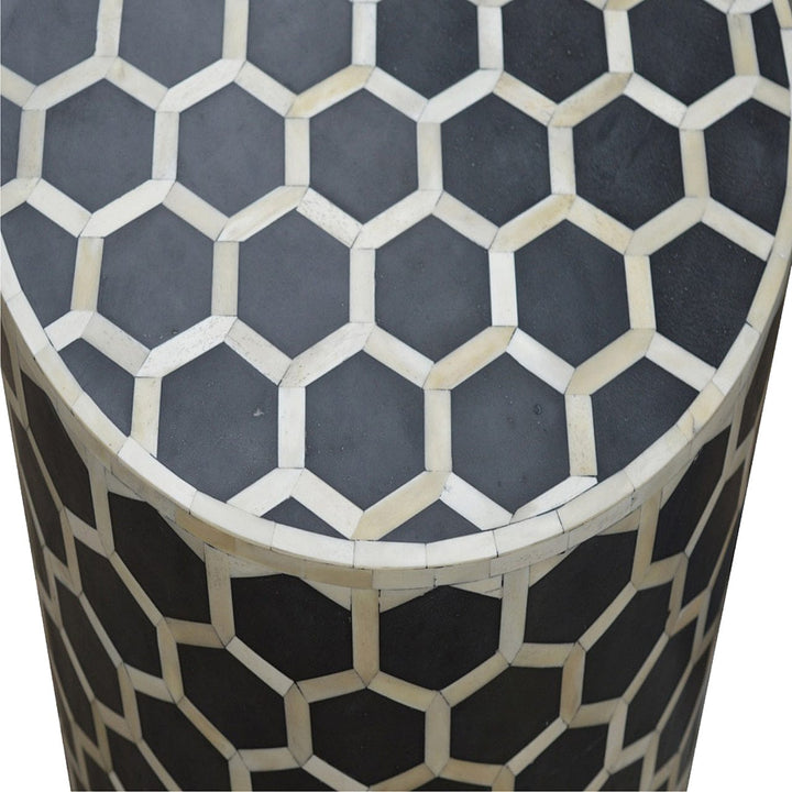 Handcrafted Cylindrical Bone Inlay Footstool - Solid Mango Wood Accent Stool for Living Room - product view 4 showing...