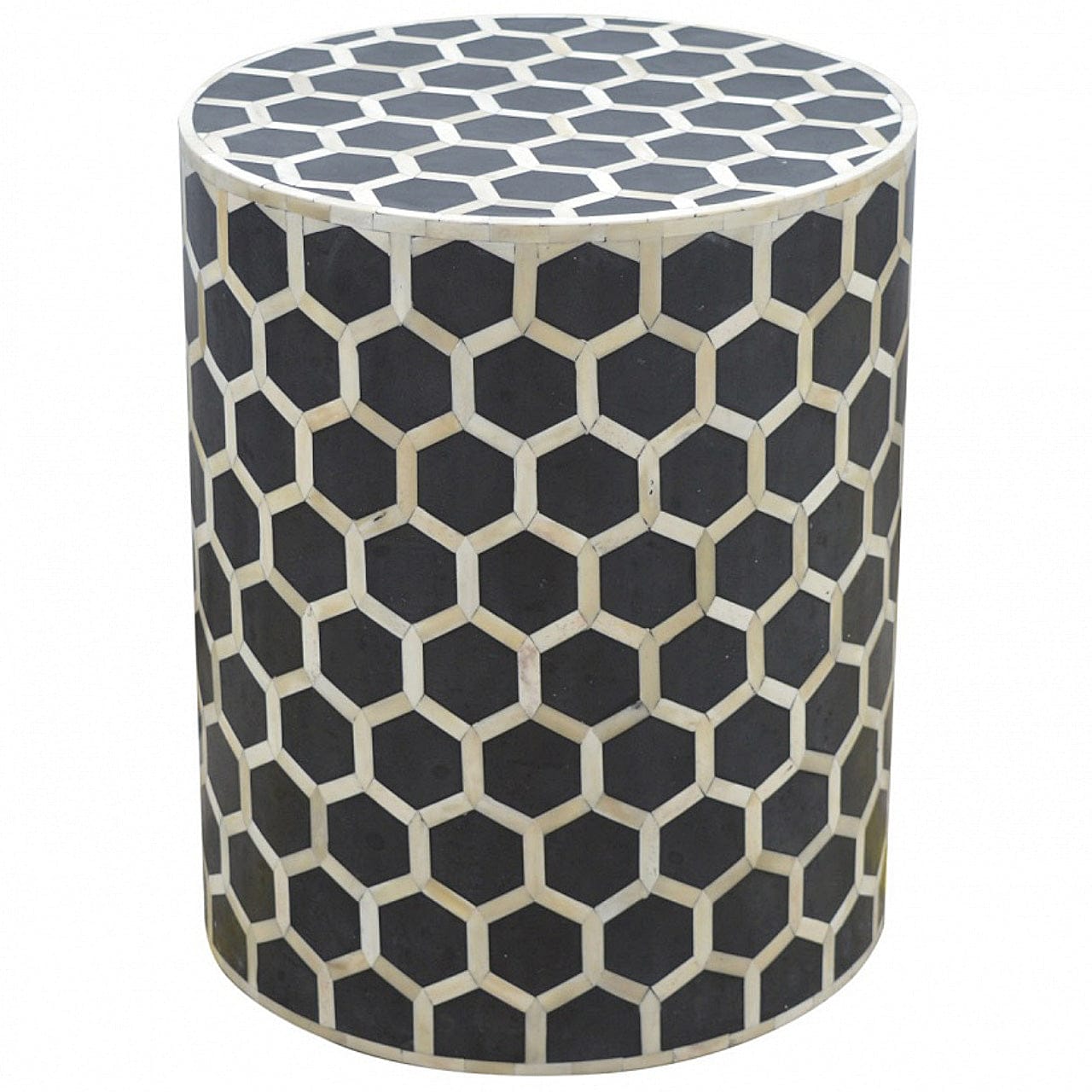 Handcrafted Cylindrical Bone Inlay Footstool - Solid Mango Wood Accent Stool for Living Room - main view showing...