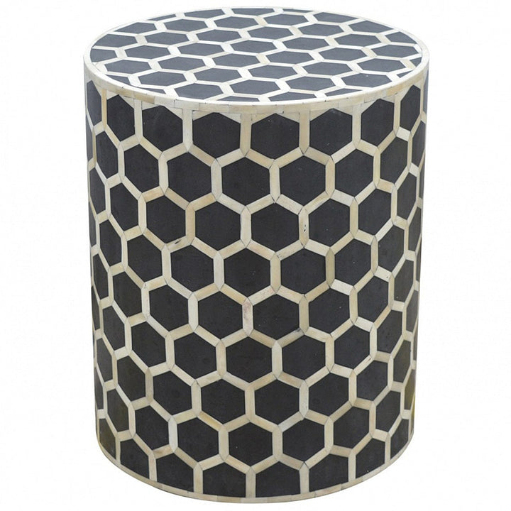 Handcrafted Cylindrical Bone Inlay Footstool - Solid Mango Wood Accent Stool for Living Room - main view showing...