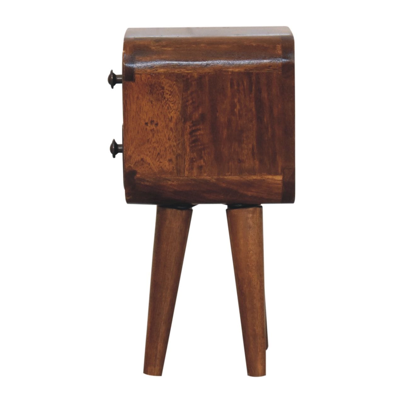 Handcrafted Extra Mini Curved Chestnut Nightstand - Solid Mango Wood Bedside Table for Bedroom - product view 9 showing...