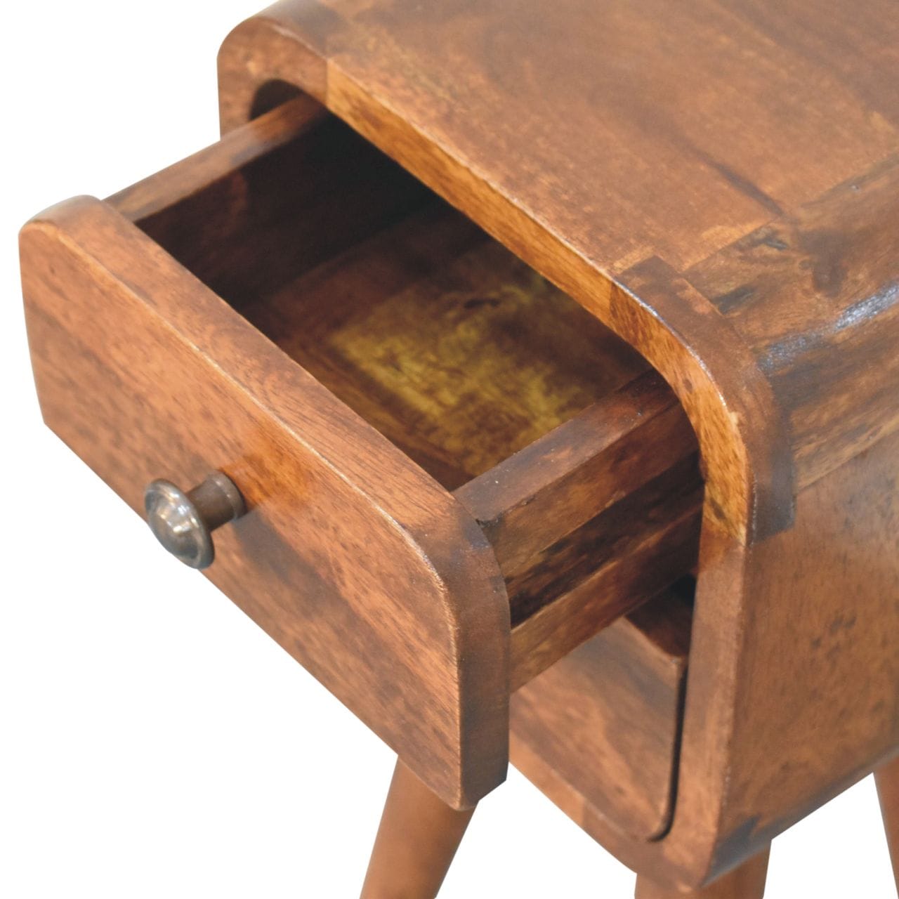 Handcrafted Extra Mini Curved Chestnut Nightstand - Solid Mango Wood Bedside Table for Bedroom - product view 7 showing...