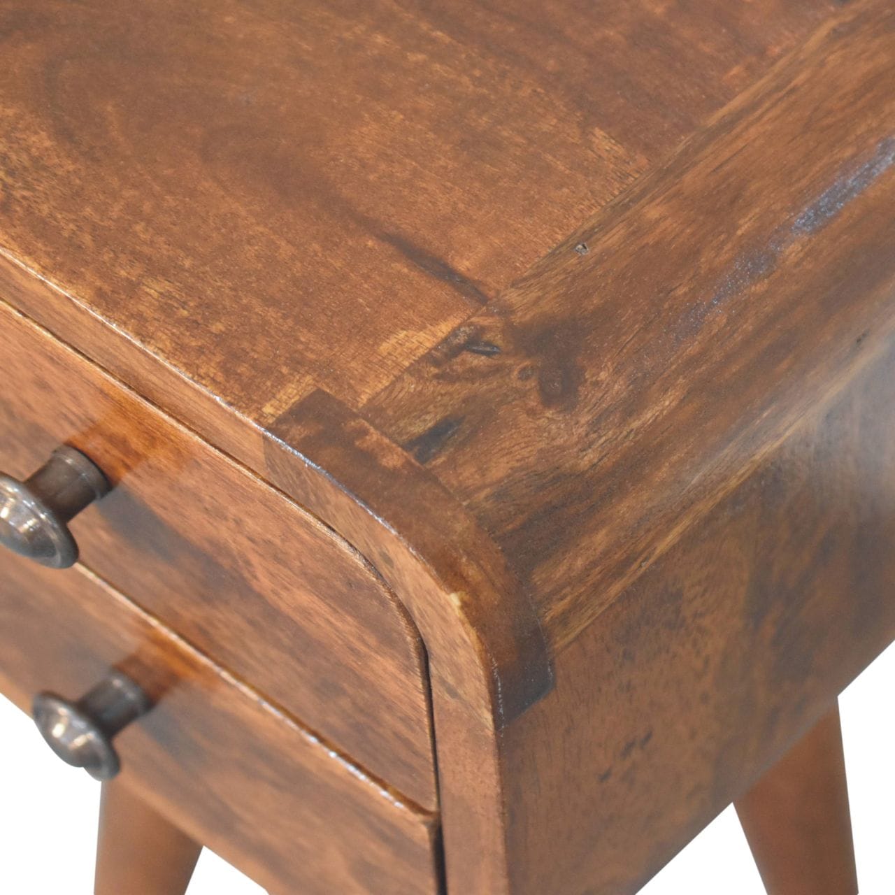 Handcrafted Extra Mini Curved Chestnut Nightstand - Solid Mango Wood Bedside Table for Bedroom - product view 6 showing...