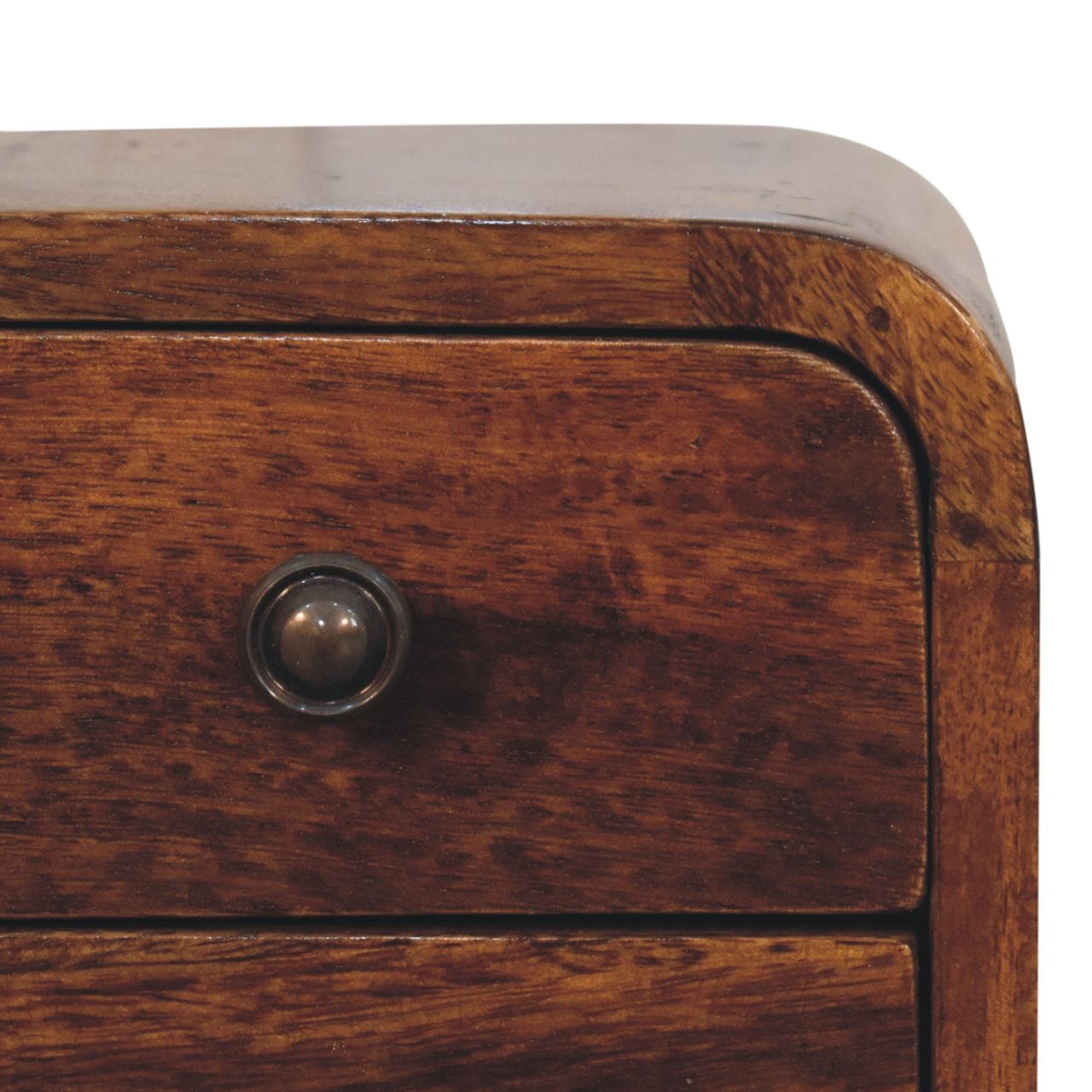 Handcrafted Extra Mini Curved Chestnut Nightstand - Solid Mango Wood Bedside Table for Bedroom - product view 5 showing...