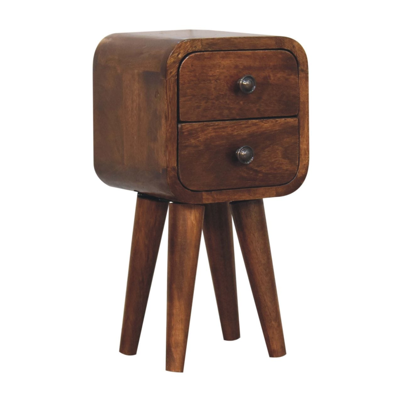 Handcrafted Extra Mini Curved Chestnut Nightstand - Solid Mango Wood Bedside Table for Bedroom - product view 4 showing...