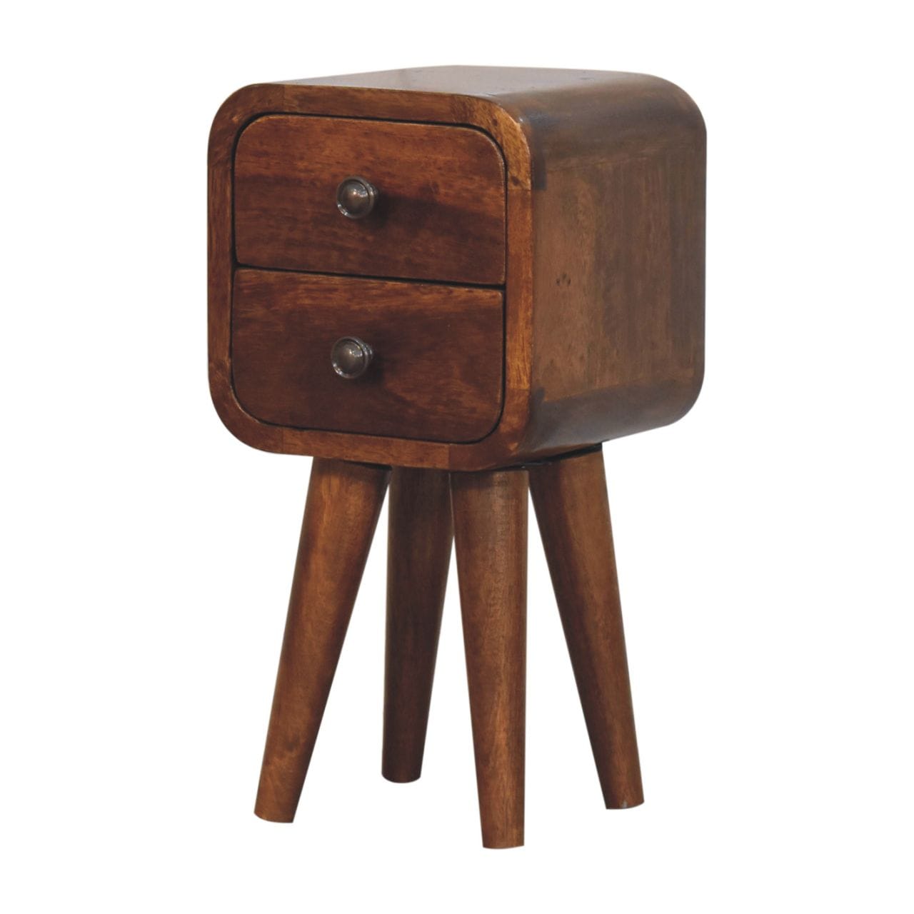 Handcrafted Extra Mini Curved Chestnut Nightstand - Solid Mango Wood Bedside Table for Bedroom - product view 3 showing...