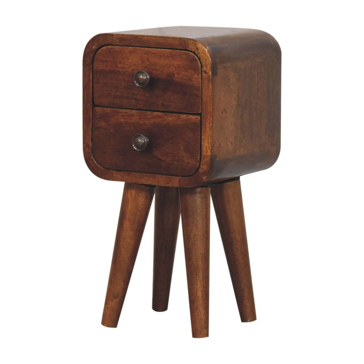 Handcrafted Extra Mini Curved Chestnut Nightstand - Solid Mango Wood Bedside Table for Bedroom - product view 3 showing...