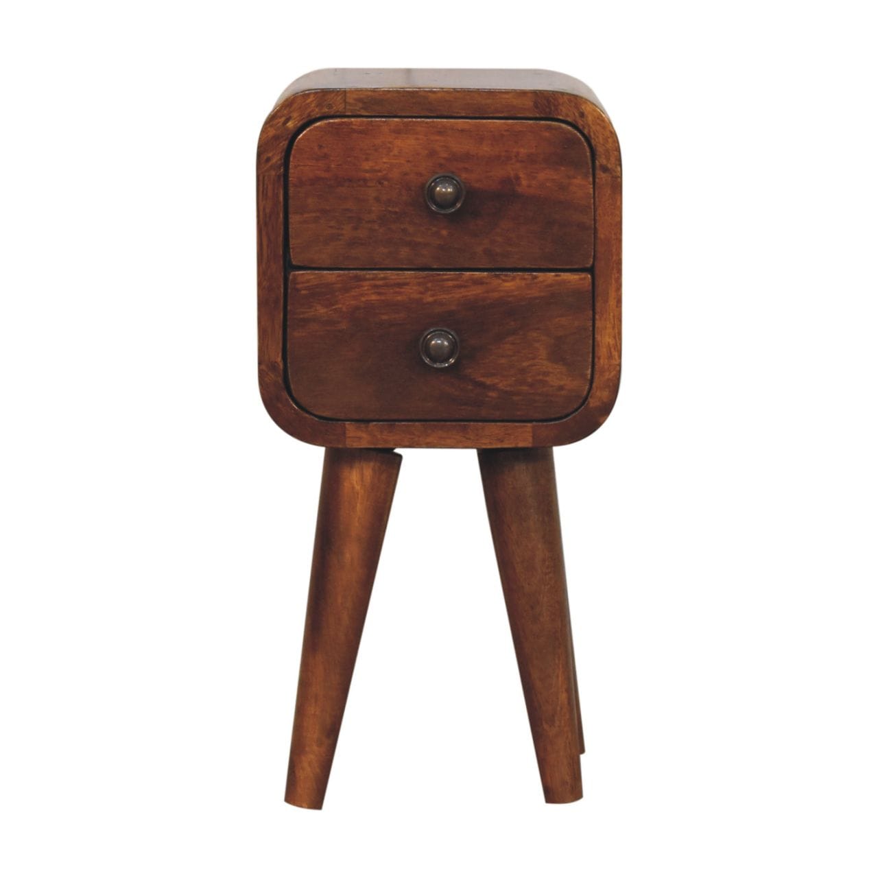Handcrafted Extra Mini Curved Chestnut Nightstand - Solid Mango Wood Bedside Table for Bedroom - product view 2 showing...