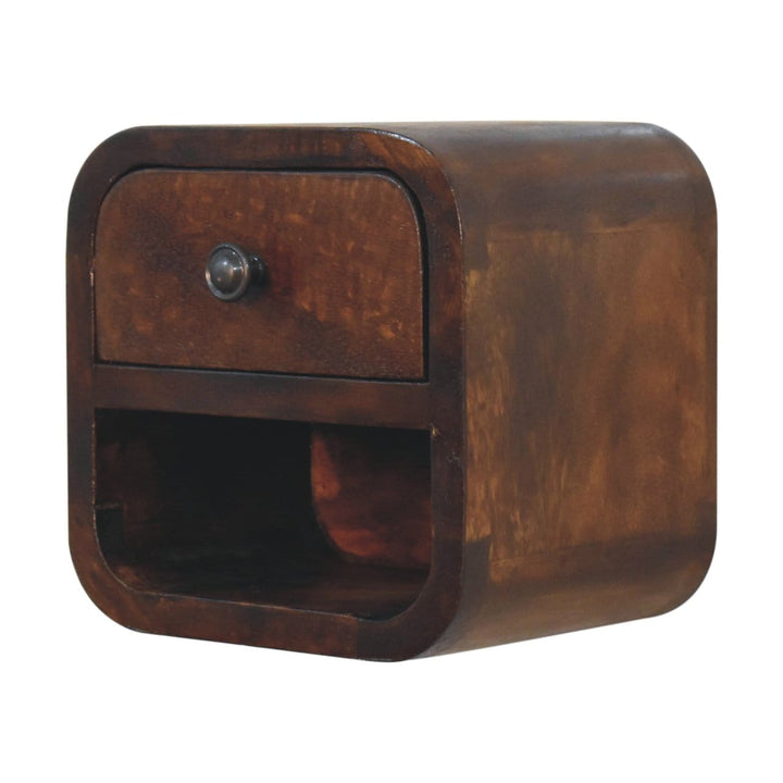 Handcrafted Extra Mini Curved Chestnut Floating Nightstand - Solid Mango Wood Bedside Table for Bedroom - product view 4...