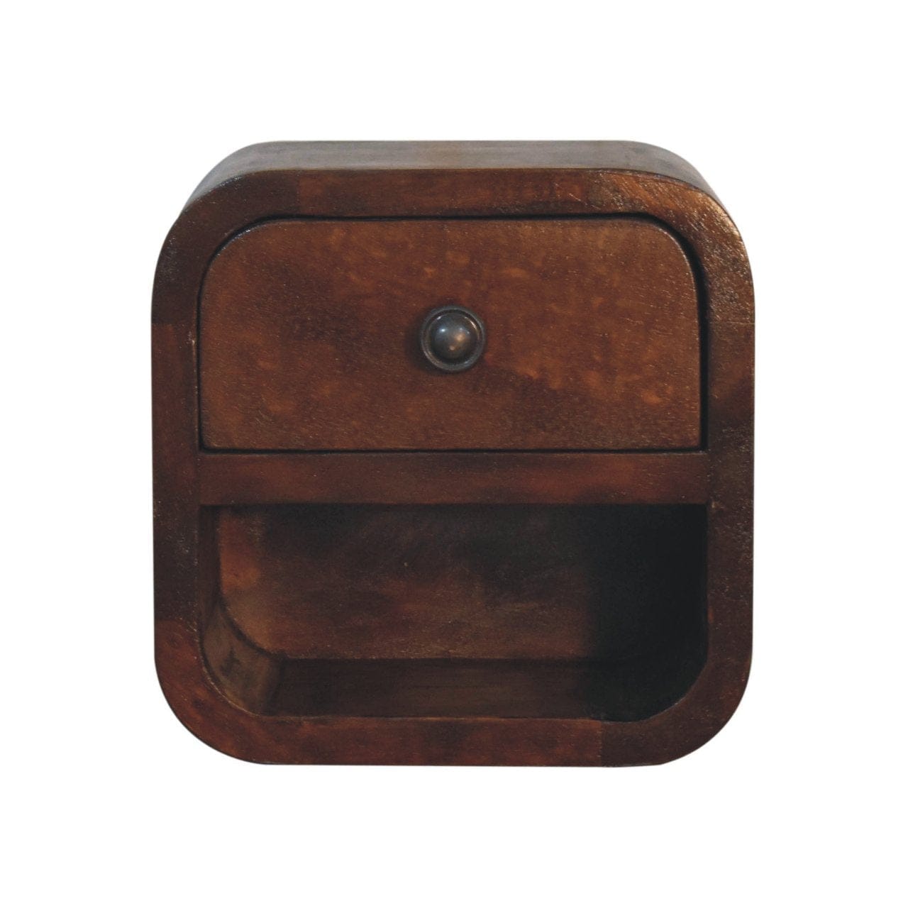 Handcrafted Extra Mini Curved Chestnut Floating Nightstand - Solid Mango Wood Bedside Table for Bedroom - product view 2...